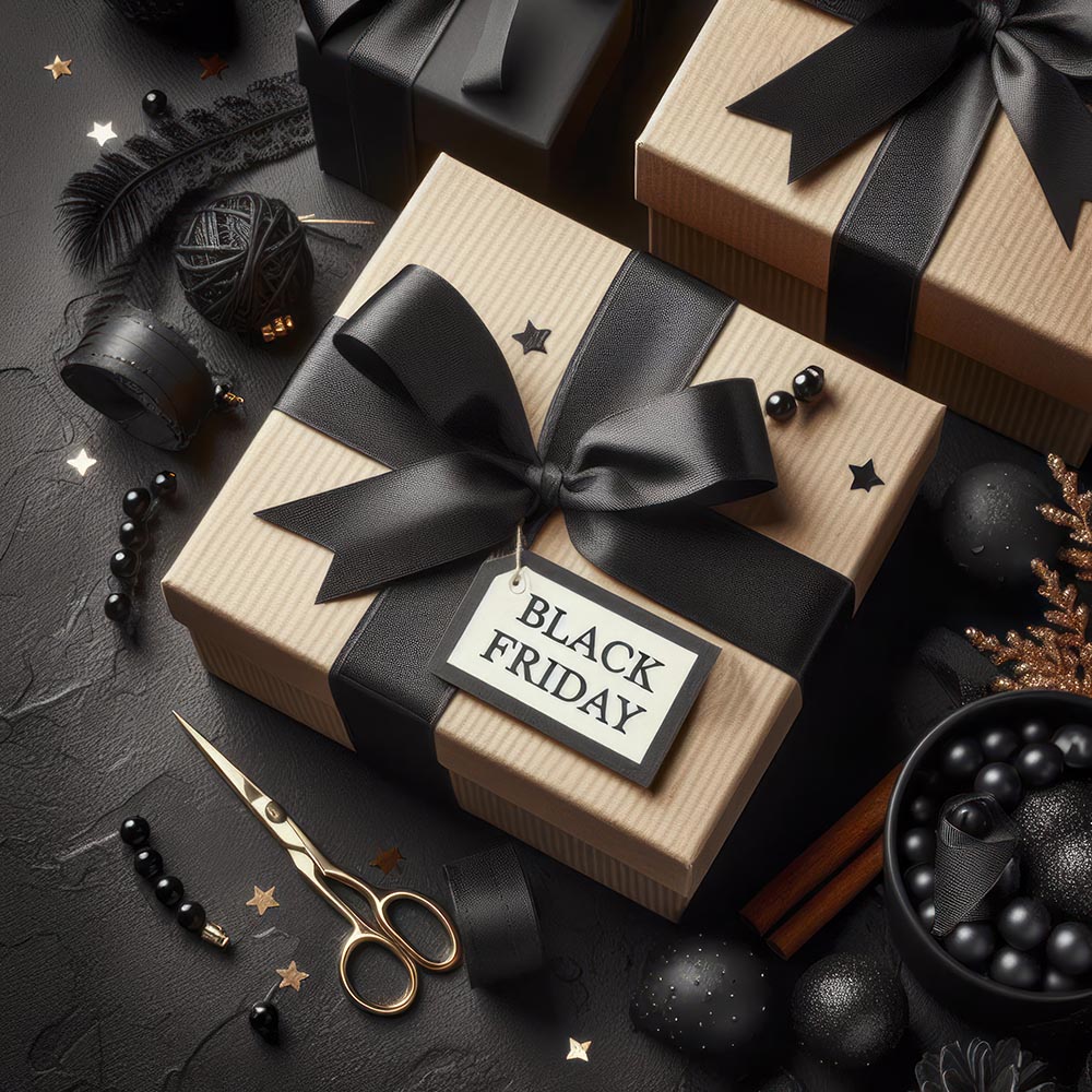 Black Friday. Top view boxes with ribbon on black background with copy space. ai generative.